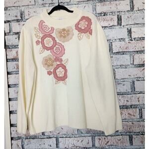 Plus Size Pink Embroidered Flowers Sweater Ribbed Mock Neck Sequins Woman 3X VTG